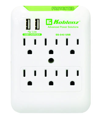 SUPRESOR DE PARED KOBLENZ CON CONEXION USB 6 CONTACTOS 2 PTOS USB 2.4 AMP FILTRO DE RUIDO